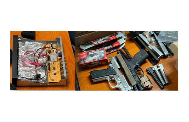 Disassembled firearms and ammunition concealed inside a DVR unit, detected by Jamaican Customs during a routine inspection of checked luggage. © Jamaica Customs Agency – All rights reserved.